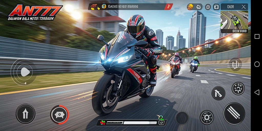 Gameplay AN777 yang mendebarkan dengan motor balap di lintasan.