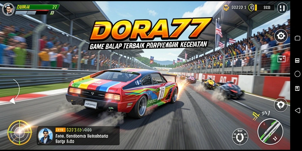 Tampilan gameplay menegangkan di DORA77 saat mobil balap melaju kencang.