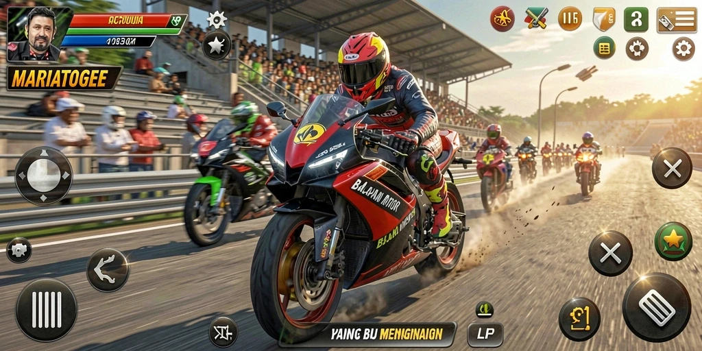Screenshot gameplay MARIATOGEL menampilkan aksi balapan motor yang seru.